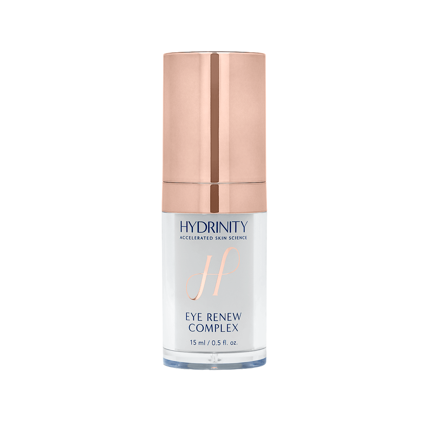 Hydrinity Eye Renew Complex jar with applicator and creamy white eye treatment texture on white background