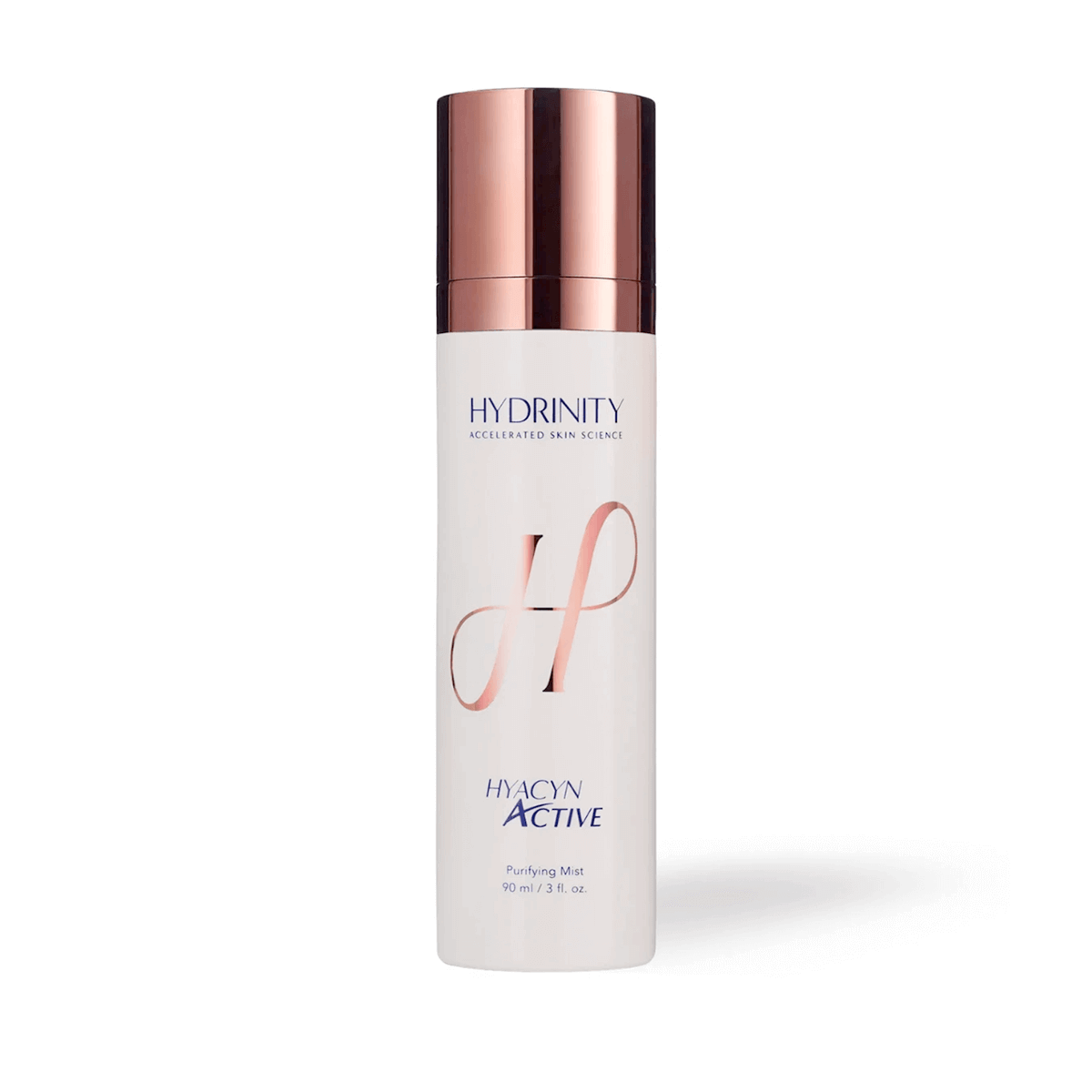 Hydrinity Hyacyn Active spray bottle labeled soothing hyaluronic mist for hydration redness relief on neutral background