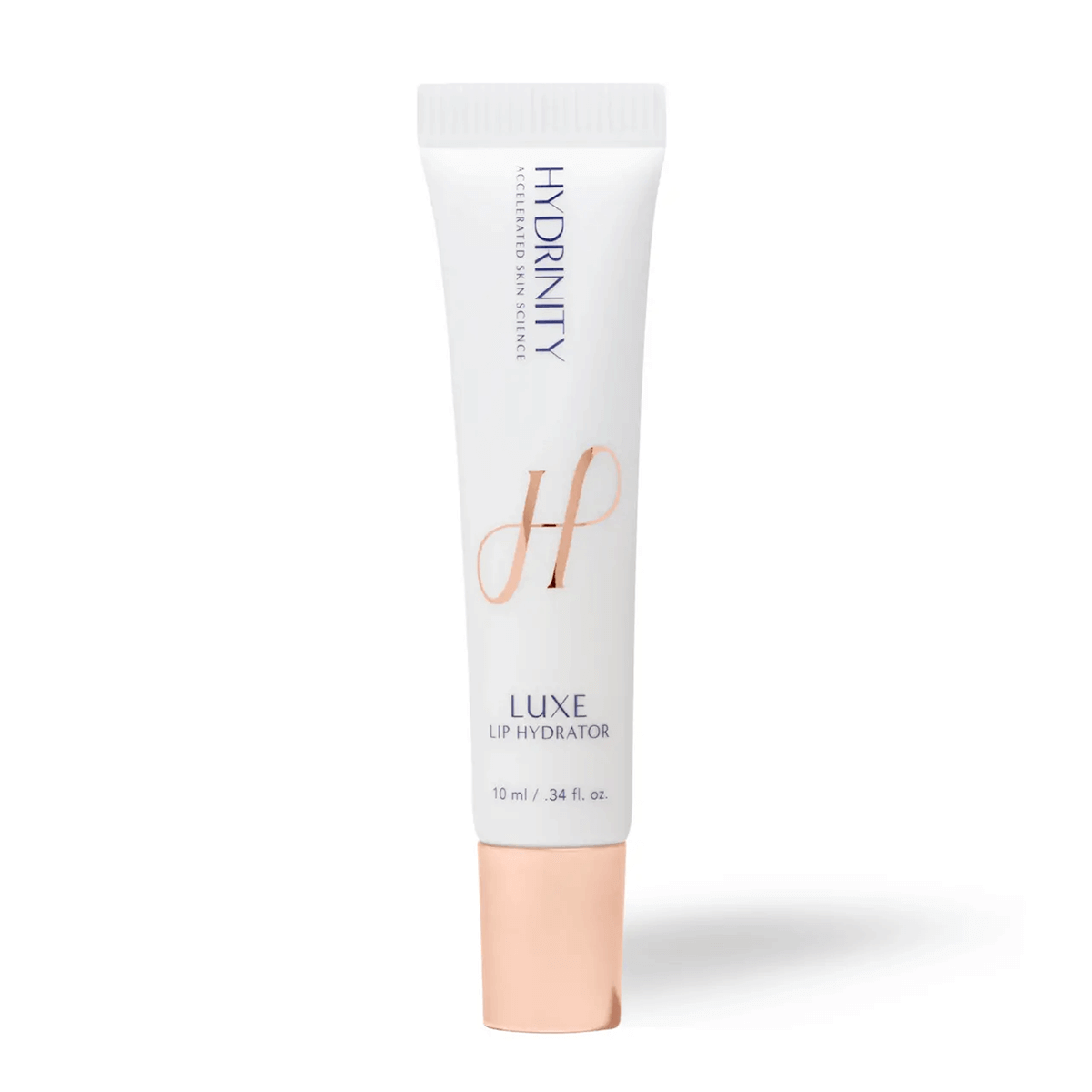 Hydrinity LUXE Lip Hydrator compact tube with clinical label showing travel-ready medical-grade lip formula
