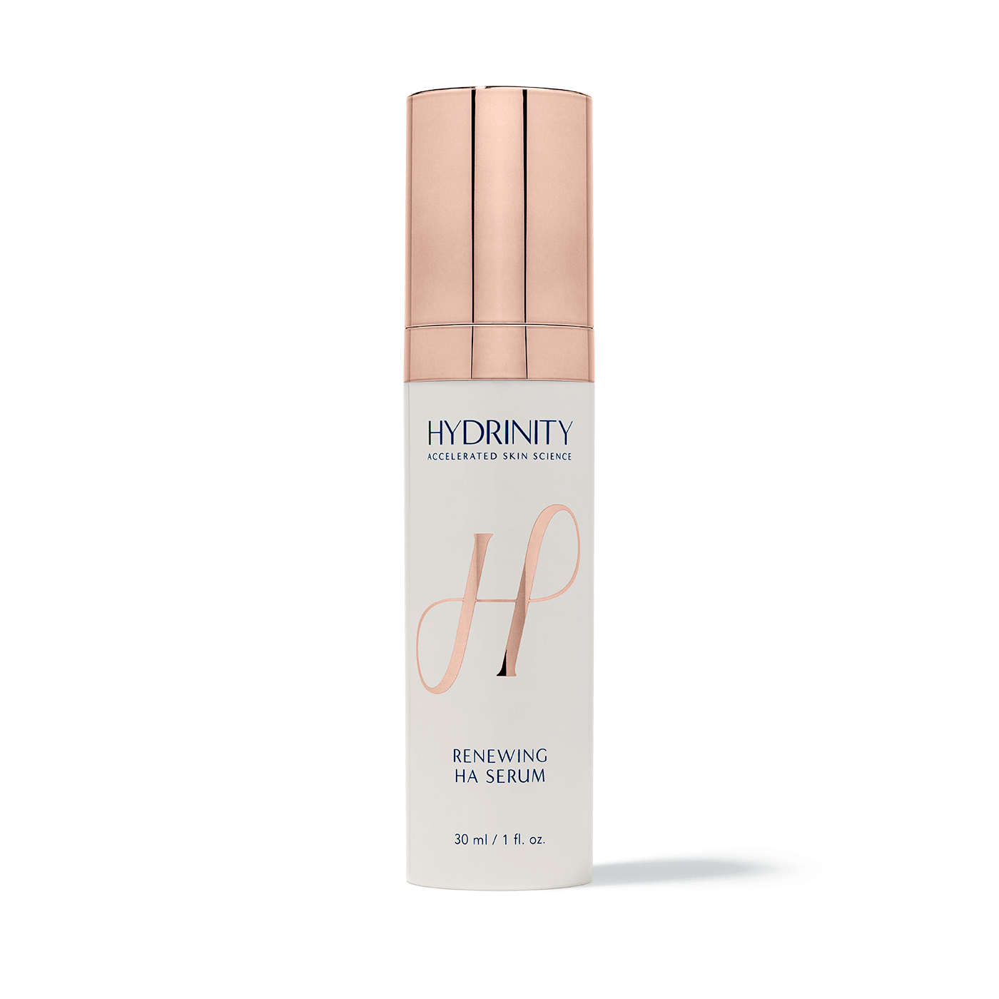 Hydrinity Renewing HA Serum bottle with dropper containing clear lightweight serum and clinical white label