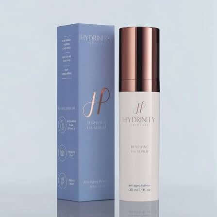 Hydrinity Renewing HA Serum bottle and packaging, nourishing hyaluronic acid for revitalized skin.