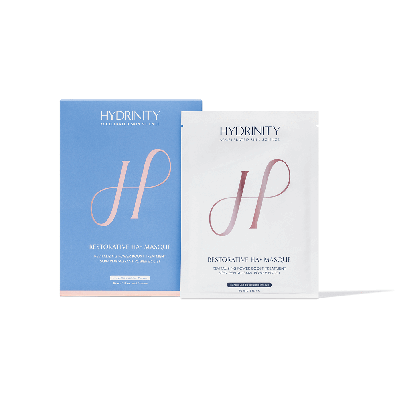 Hydrinity Restorative HA+ Masque 5-pack box with a single mask packet clinical packaging made in Canada