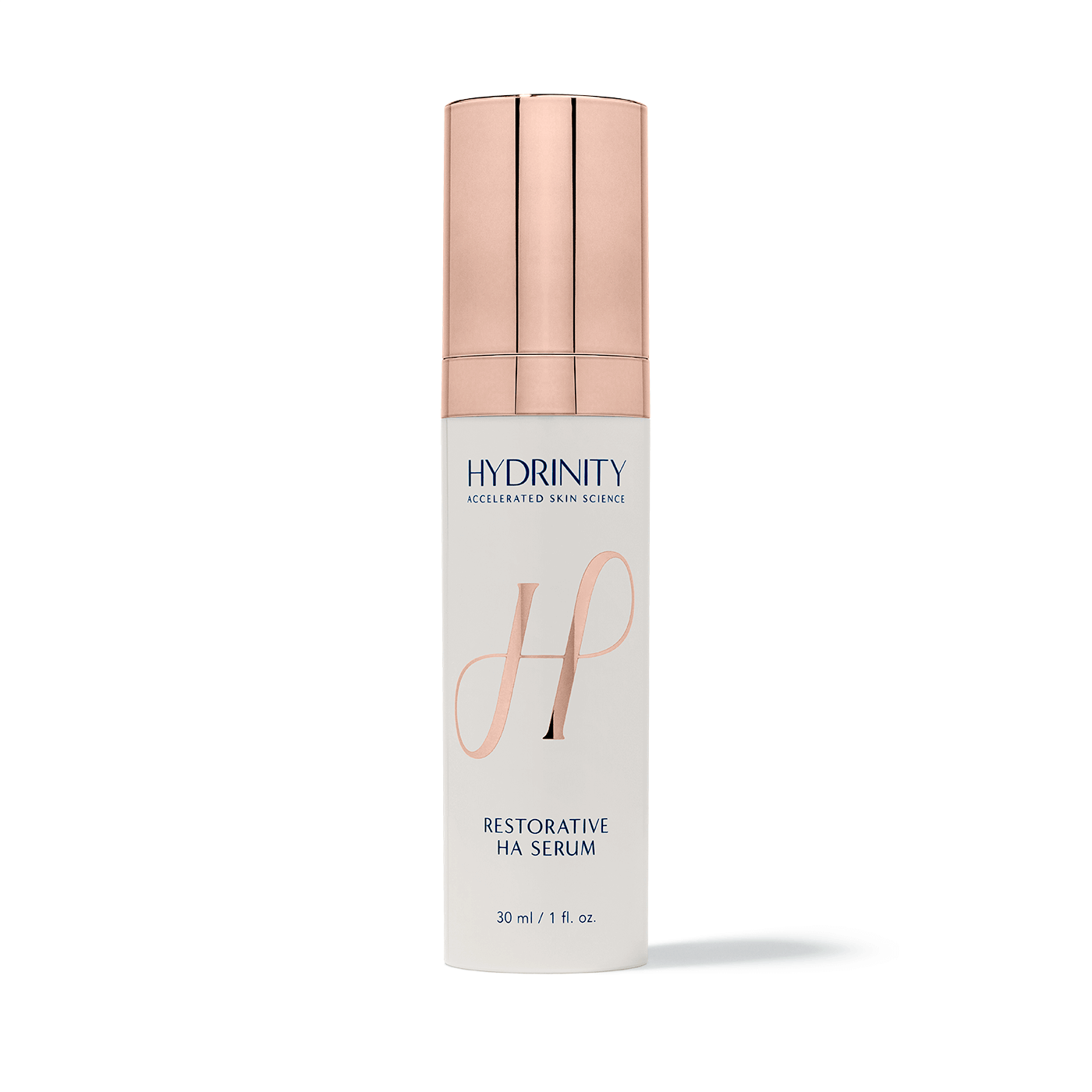 Hydrinity Restorative HA Serum white pump bottle labeled PPM6 Supercharged Hyaluronic Acid