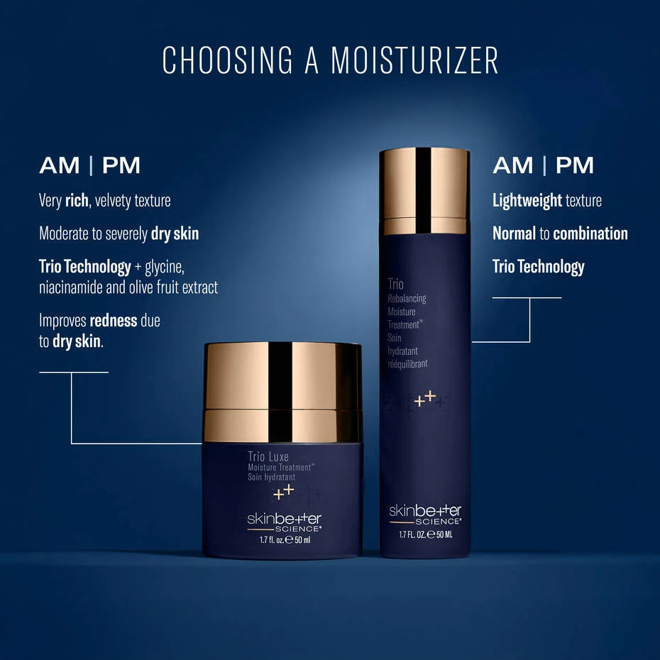 Skinbetter Science  Trio Rebalancing Moisture Treatment and Trio Luxe moisture options for different skin types.