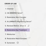 Order of use chart including Alastin Restorative Eye Complex as the sixth step in skincare routine.