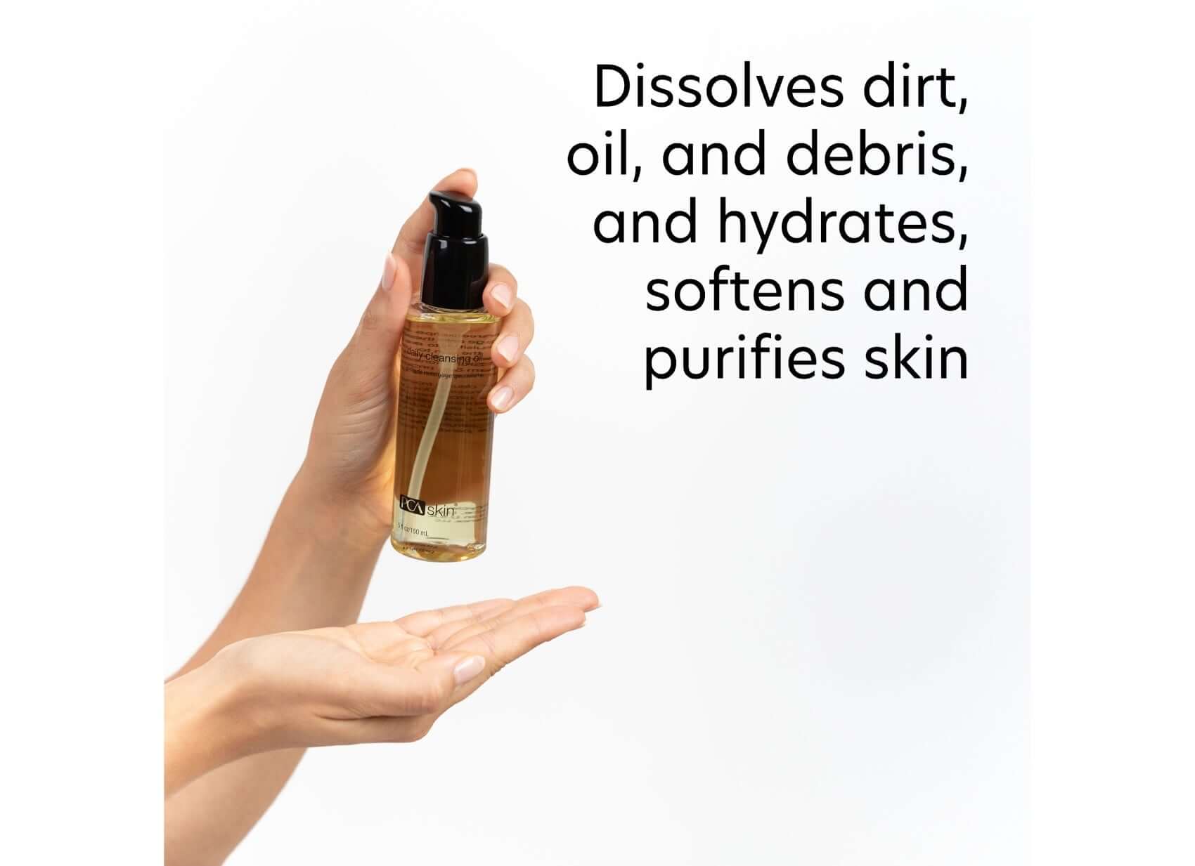 PCA Skin Daily Cleansing Oil in a hand, dissolving dirt, oil, and hydrates while purifying skin.