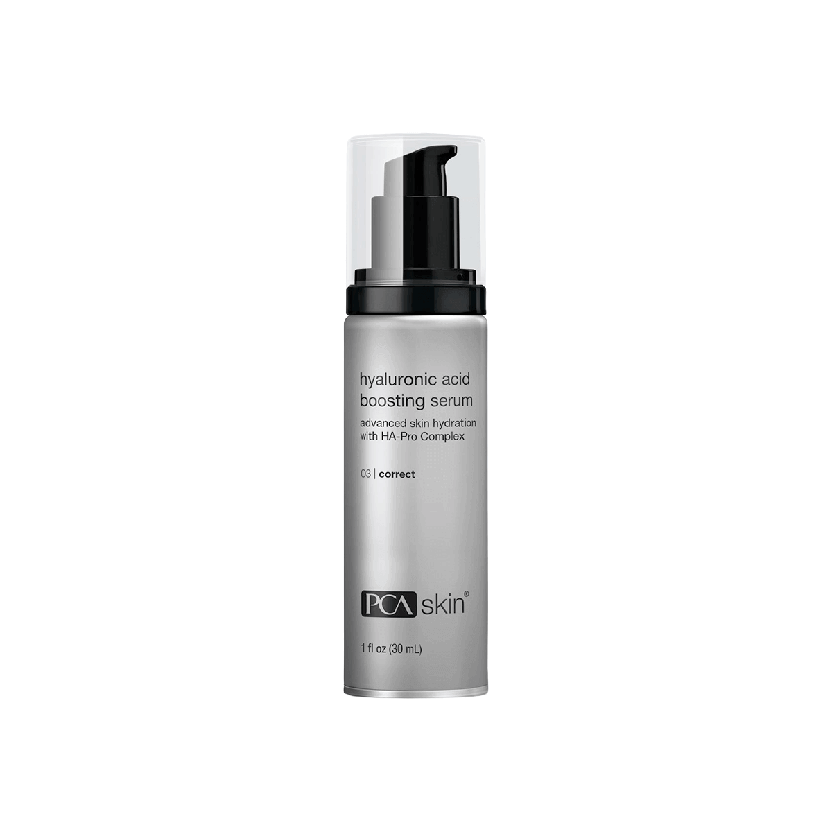 PCA Skin Hyaluronic Acid Boosting Serum bottle with label noting multi-weight hyaluronic acids HA-Pro Complex ceramides niacinamide