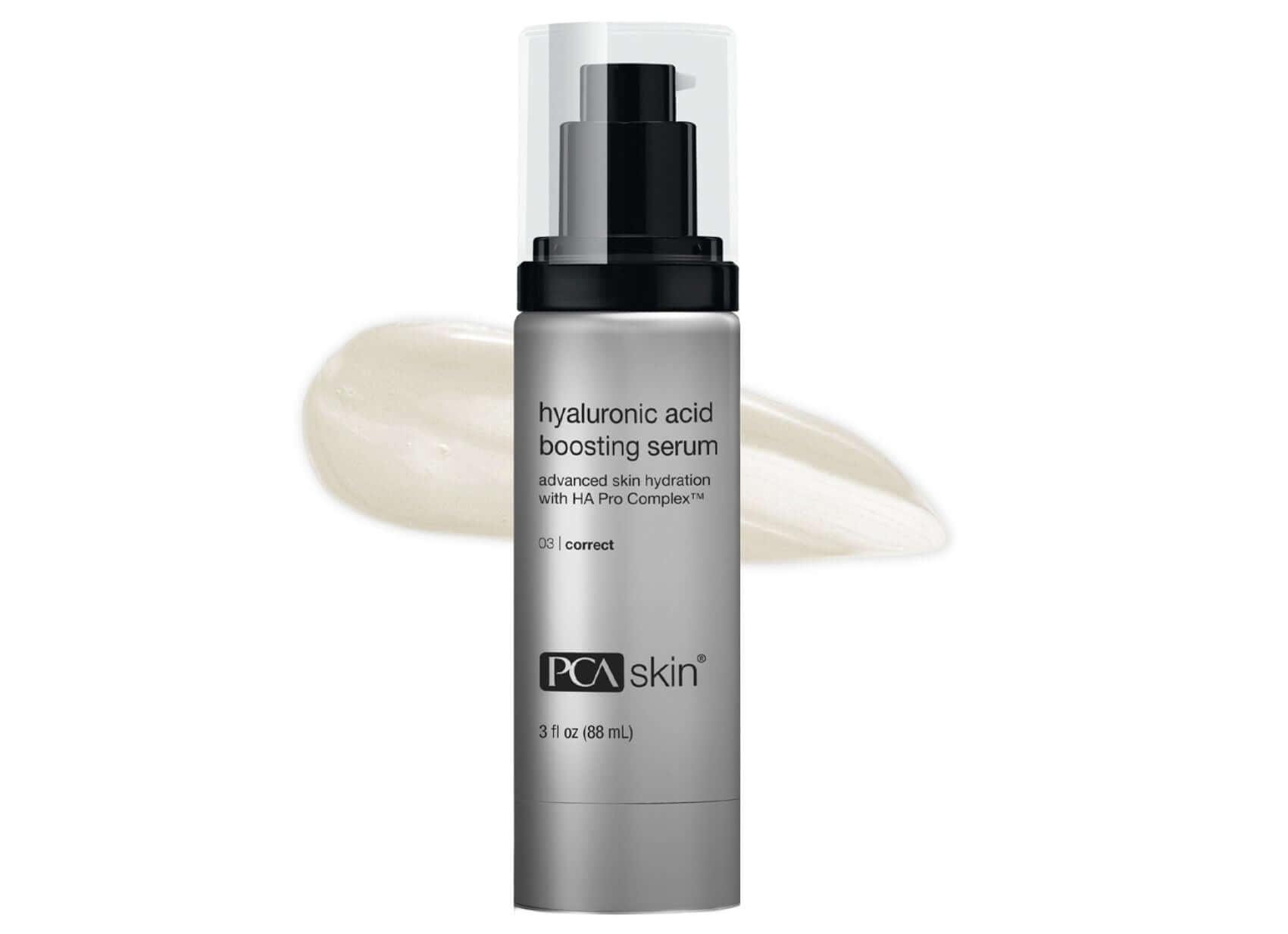 PCA Skin Hyaluronic Acid Boosting Serum bottle with creamy serum swatch, ideal for deep hydration and skin barrier support.