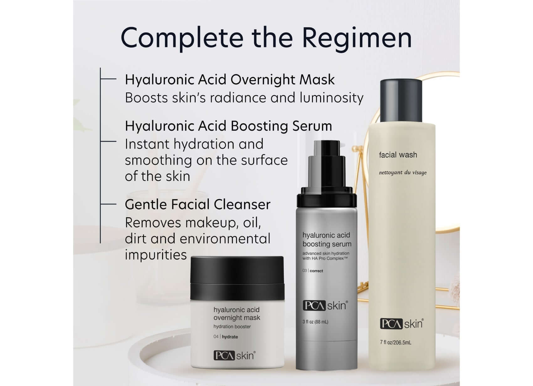 PCA Skin Hyaluronic Acid Overnight Mask with boosting serum and facial cleanser for skincare regimen.