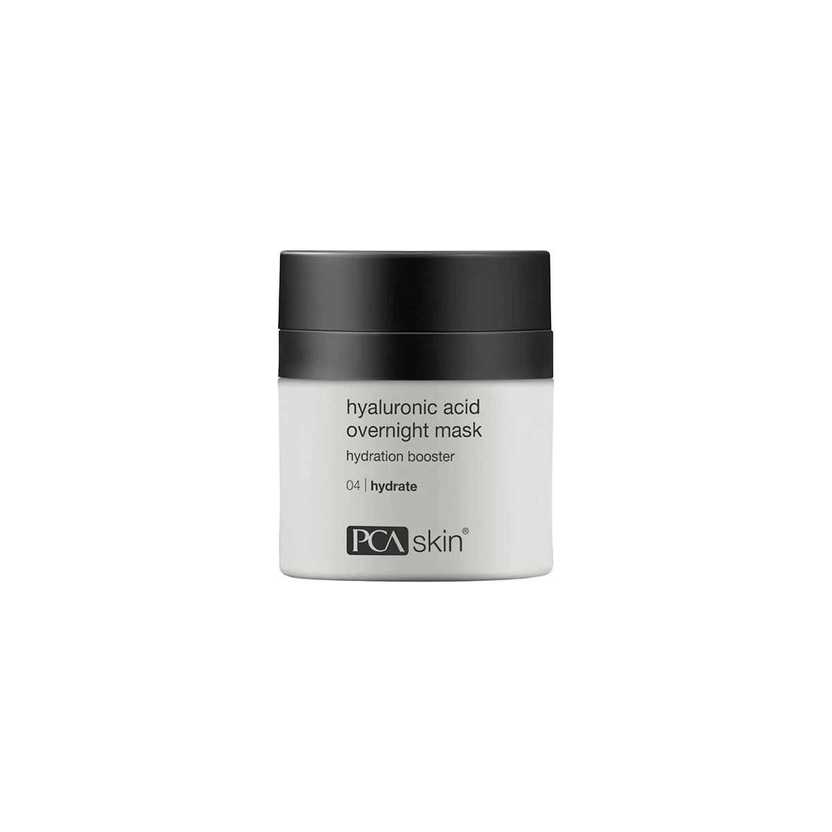 PCA Skin Hyaluronic Acid Overnight Mask jar with label showing cream texture and ingredients hyaluronic acids niacinamide panthenol