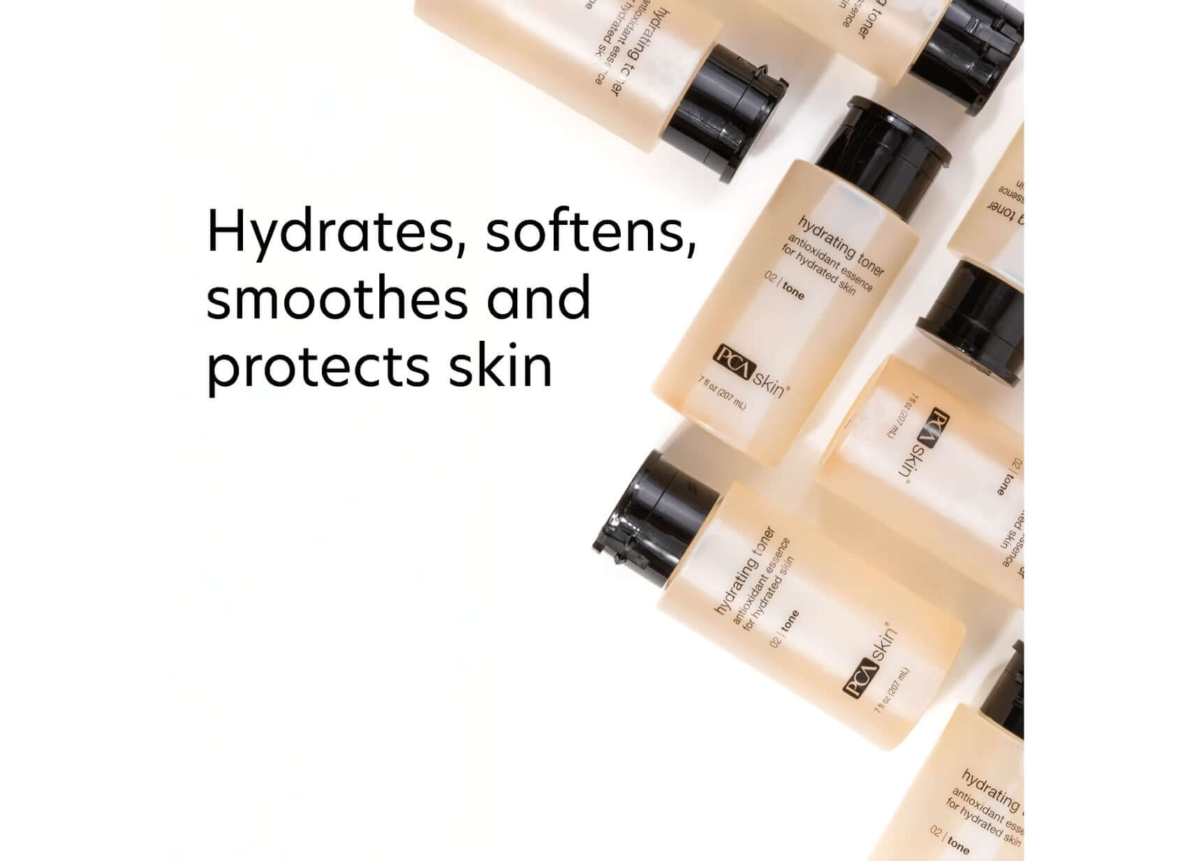 PCA Skin Hydrating Toner bottles, hydrates, softens, smoothes, and protects skin.