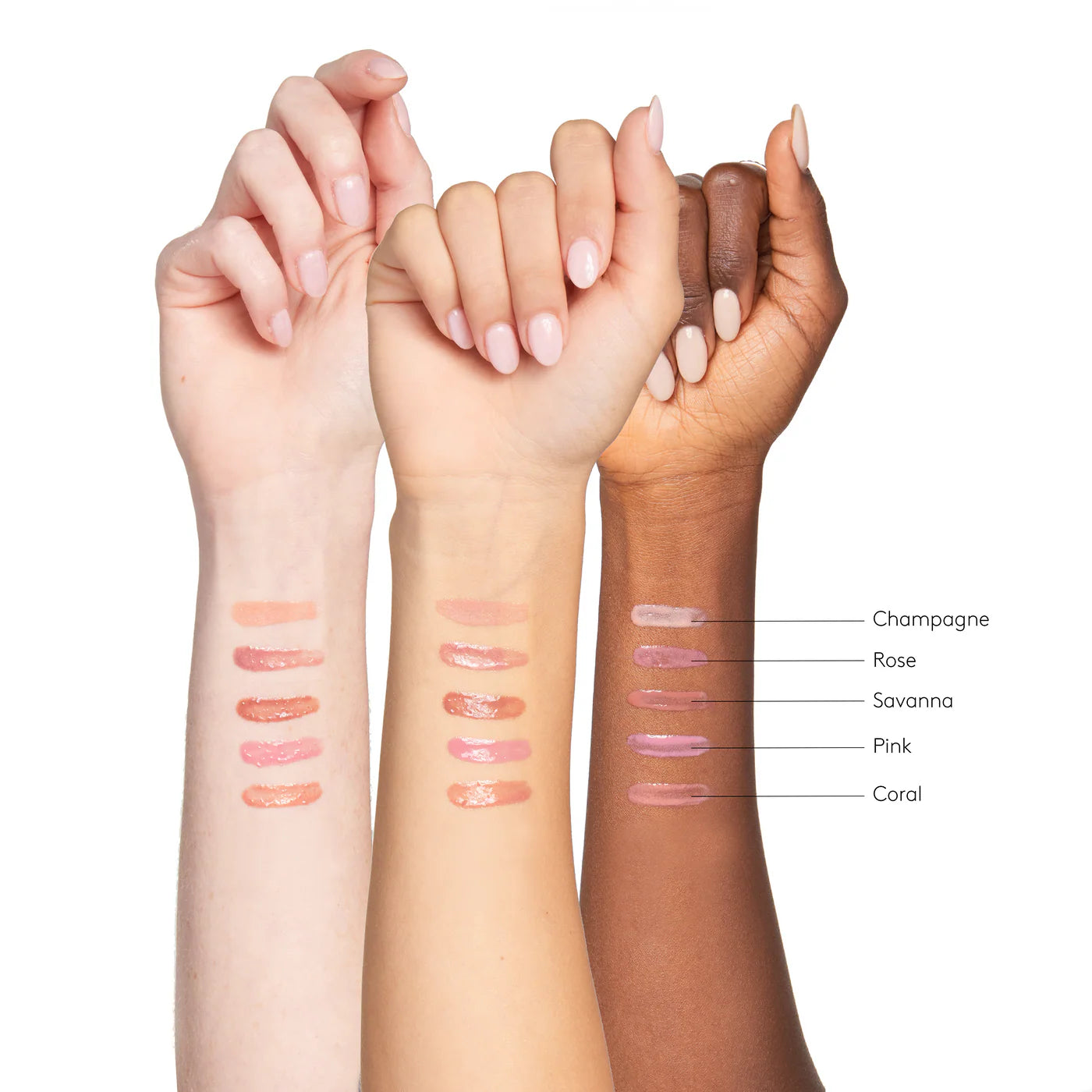 Peptide Lip Shine SPF 30 swatches on diverse skin tones showing shades Champagne, Rose, Savanna, Pink, and Coral.