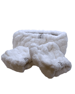 Plush headband and wrist cuff skincare set for hair management, includes wash headband and soft wrist cuffs.