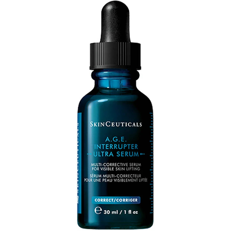 A.G.E. Interrupter Ultra Serum bottle labeled SkinCeuticals anti-aging serum targeting advanced glycation