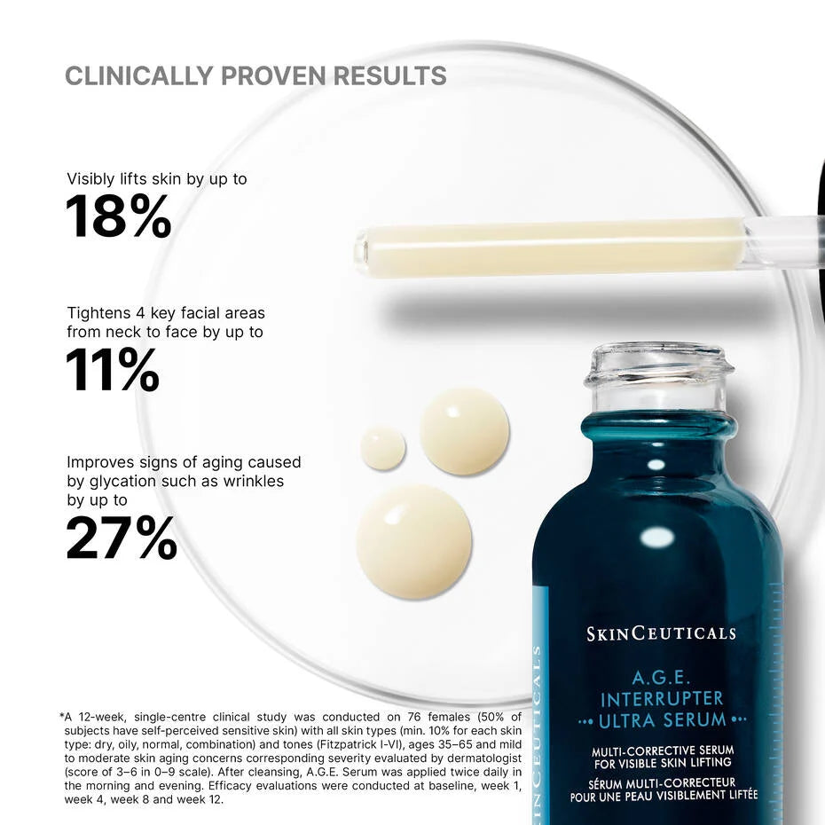 A.G.E. Interrupter Ultra Serum with clinically proven results for visible lifting, tightening, and anti-aging effects.