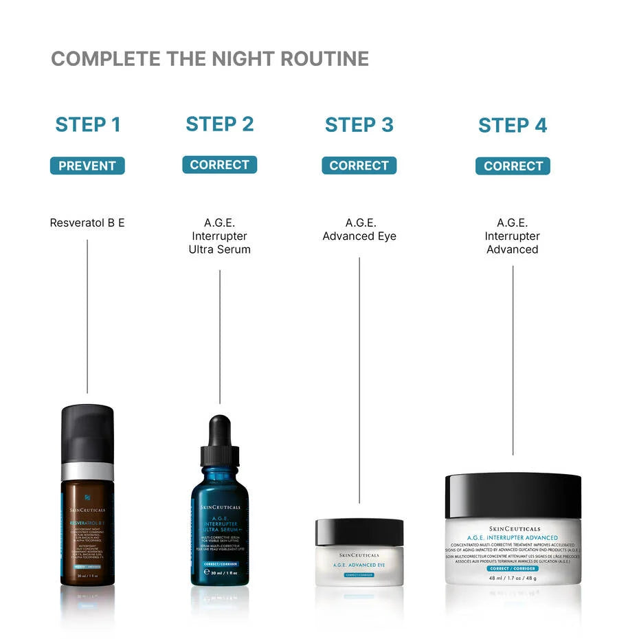 Complete the night routine with A.G.E. Interrupter Ultra Serum for anti-aging benefits.