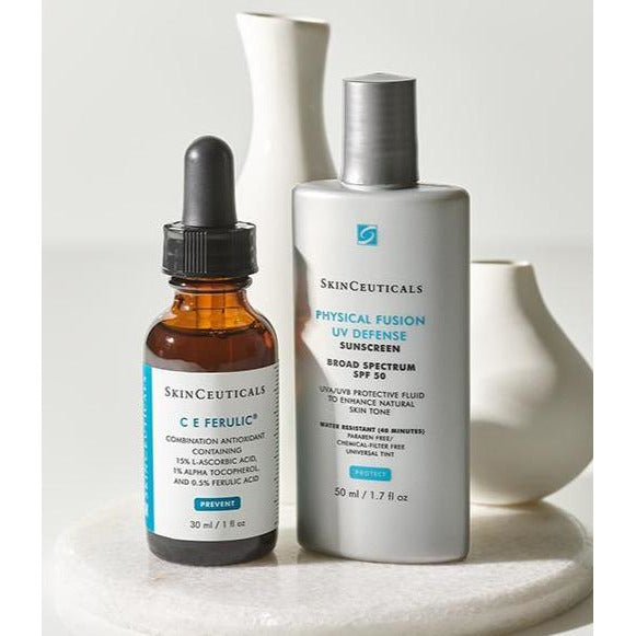 SkinCeuticals Prevent and Protect Anti-Aging Duo — C E Ferulic vitamin C serum and Physical Fusion UV Defense SPF 50 tinted mineral sunscreen