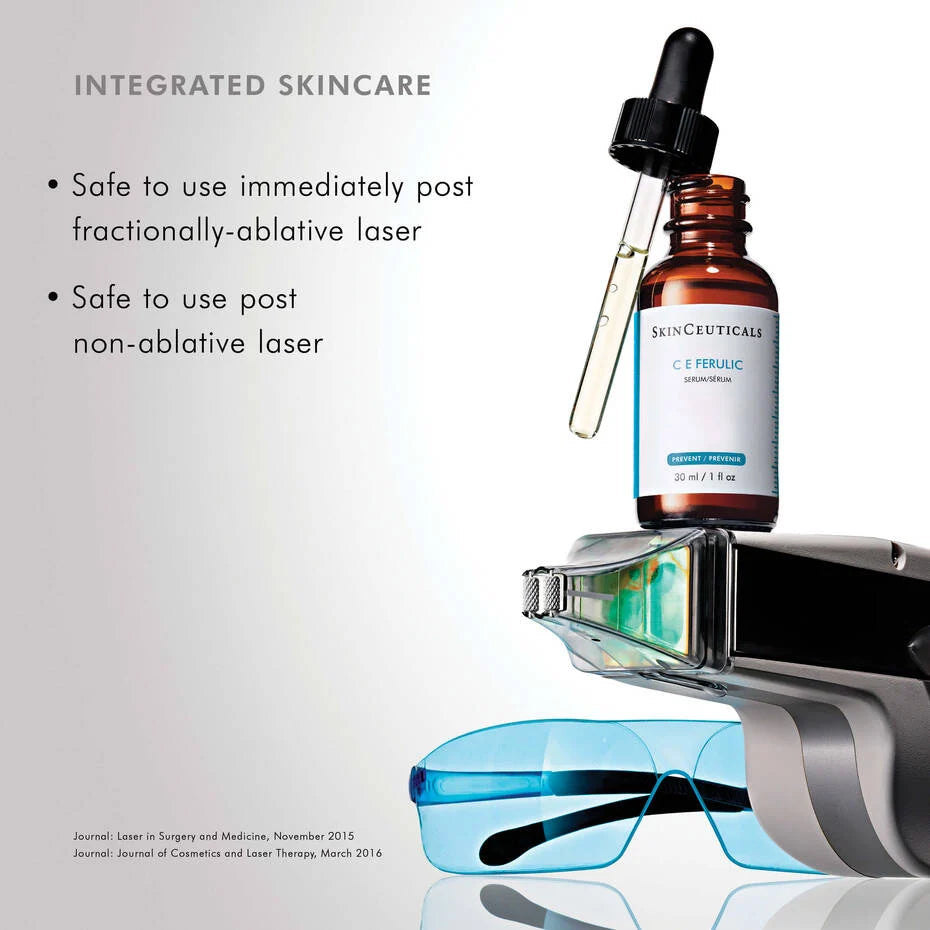 SkinCeuticals C E Ferulic serum with dropper and laser equipment, demonstrating integrated skincare safety.
