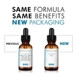 SkinCeuticals C E Ferulic serum bottles with new packaging showcasing advanced antioxidant benefits.