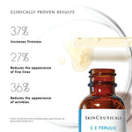 SkinCeuticals C E Ferulic serum showcasing clinically proven results for firmness, fine lines, and wrinkles.