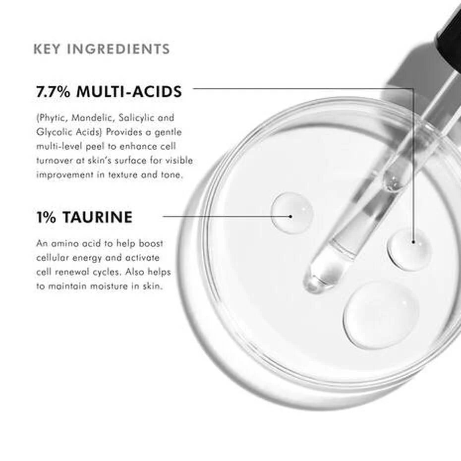 Key ingredients of SkinCeuticals Cell Cycle Catalyst, featuring 7.7% multi-acids and 1% taurine for skin improvement.