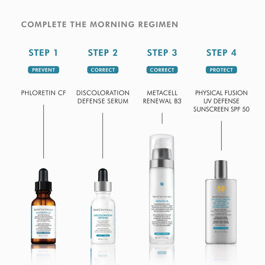 Complete the morning regimen with SkinCeuticals Discoloration Defense serum and other essential products.