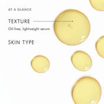 SkinCeuticals Discoloration Defense oil-free lightweight serum texture with droplets against a white background.