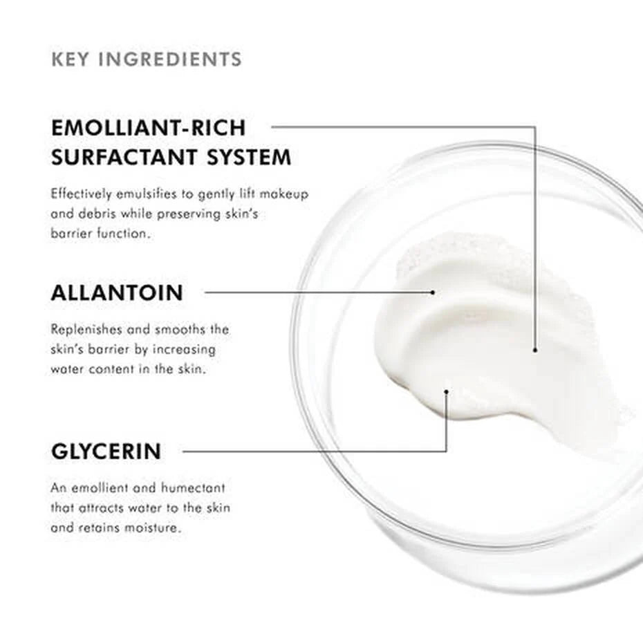 Key ingredients for SkinCeuticals Gentle Cleanser: emollient-rich surfactant system, allantoin, and glycerin for skin hydration.