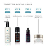 SkinCeuticals Gentle Cleanser featured in a nighttime skincare regimen alongside other products.