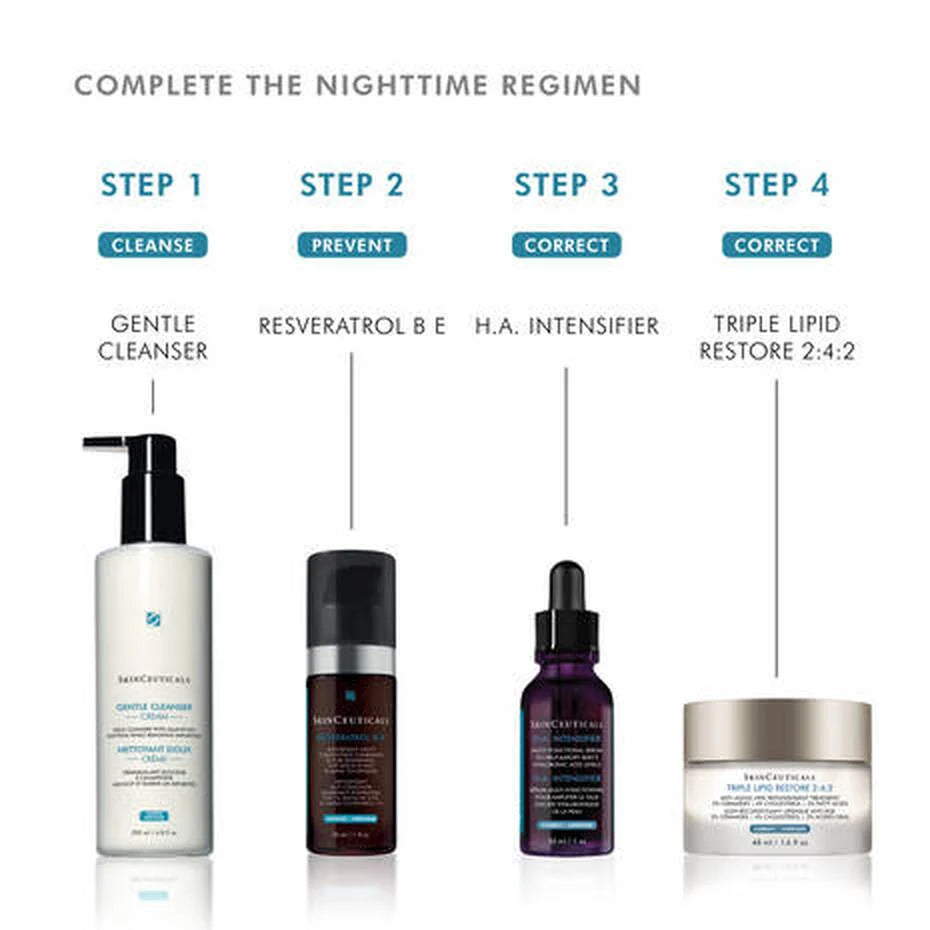SkinCeuticals Gentle Cleanser featured in a nighttime skincare regimen alongside other products.