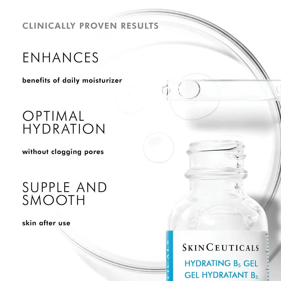 SkinCeuticals Hydrating B5 Gel bottle with text highlighting hydration and skin benefits.