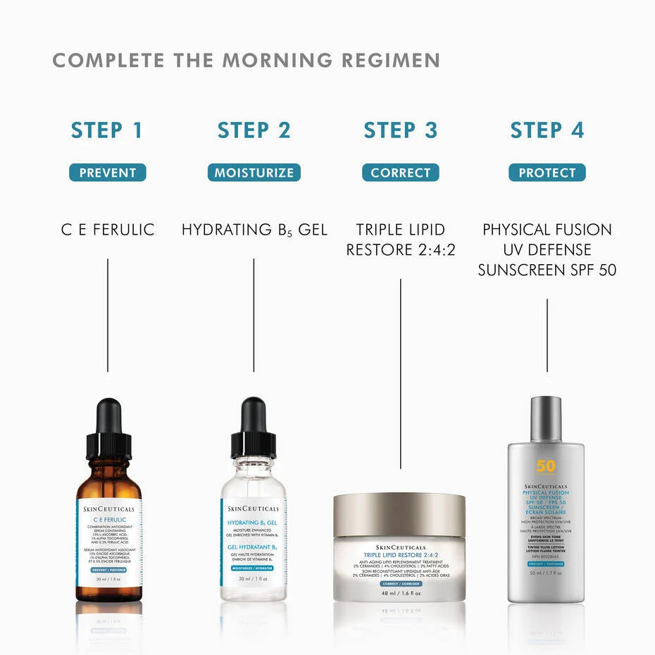 Image showing the morning skincare regimen featuring SkinCeuticals Hydrating B5 Gel and other products.