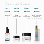 Step-by-step morning regimen featuring A.G.E. Advanced Eye and other SkinCeuticals products.