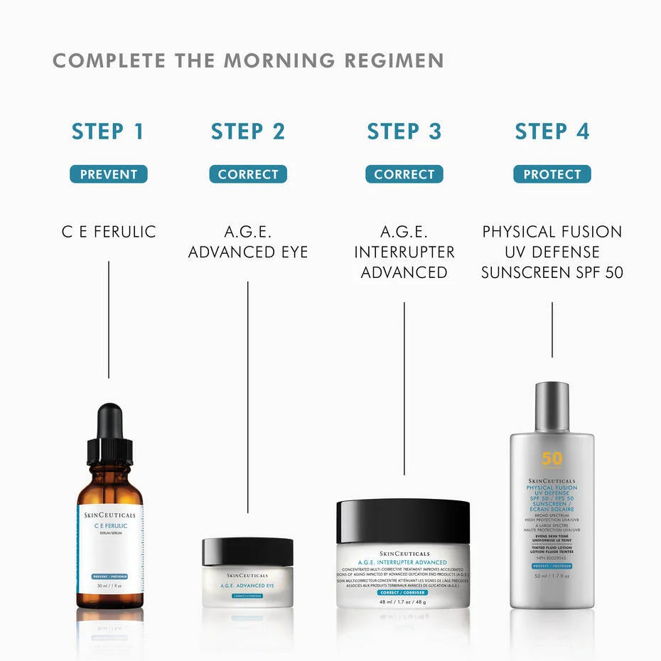 Step-by-step morning regimen featuring A.G.E. Advanced Eye and other SkinCeuticals products.