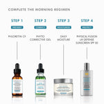 Image showing SkinCeuticals morning regimen steps, featuring SkinCeuticals Phyto Corrective Gel for correct and soothe.