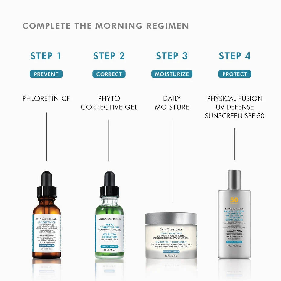Image showing SkinCeuticals morning regimen steps, featuring SkinCeuticals Phyto Corrective Gel for correct and soothe.
