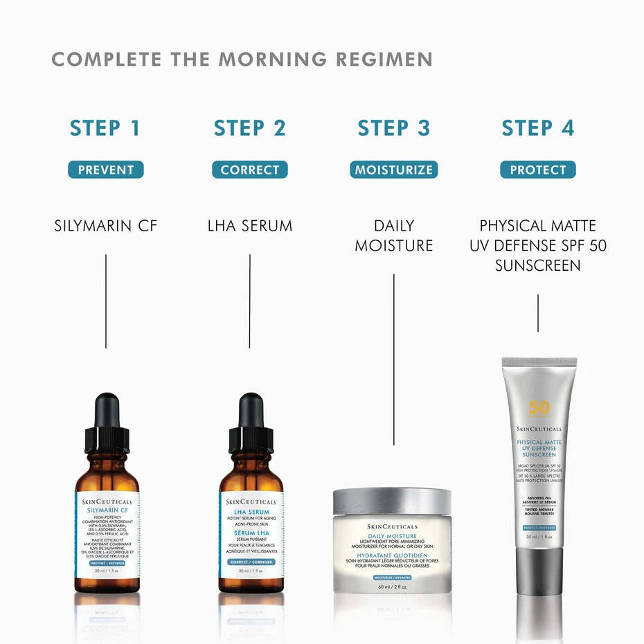 Complete morning regimen with SkinCeuticals Silymarin CF, LHA Serum, Daily Moisture, and SPF 50 Sunscreen.