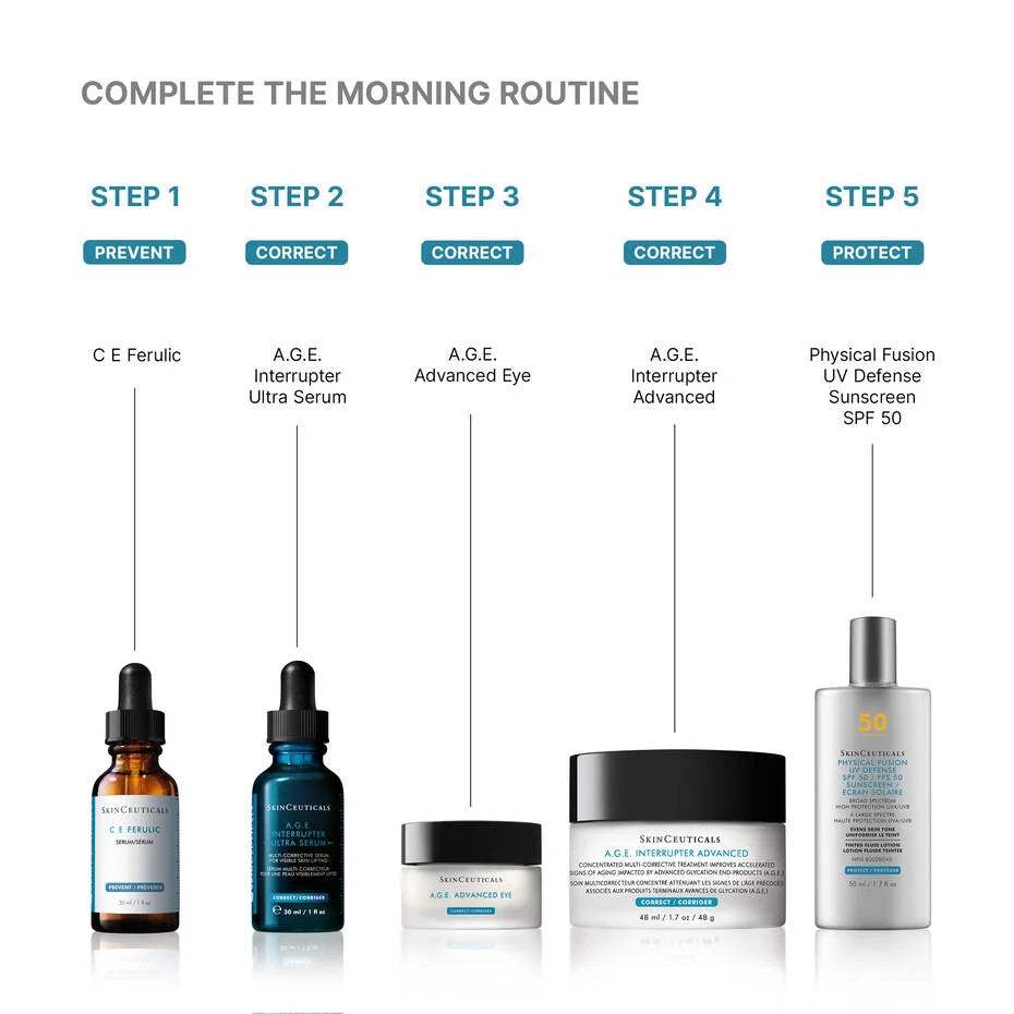 Complete morning skincare routine featuring A.G.E. Interrupter Ultra Serum and other SkinCeuticals products.