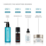 Step-by-step skincare regimen including SkinCeuticals Retexturing Activator for nighttime care.