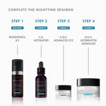 SkinCeuticals product regimen showcasing A.G.E. Advanced Eye as a key part of an effective nighttime skincare routine.