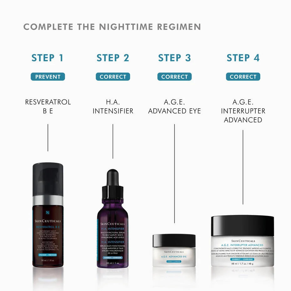 SkinCeuticals product regimen showcasing A.G.E. Advanced Eye as a key part of an effective nighttime skincare routine.