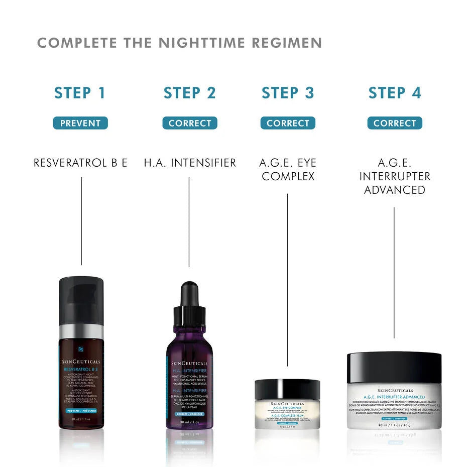Step-by-step nighttime regimen including A.G.E. Interrupter Advanced for anti-aging.