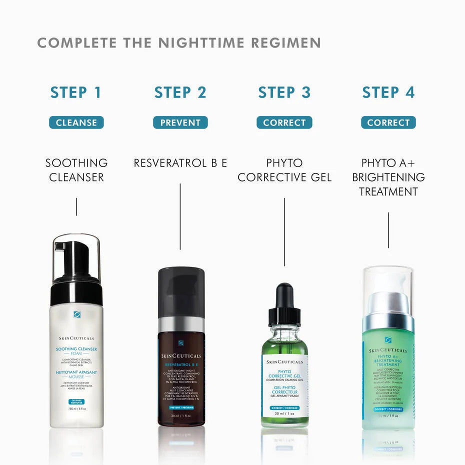 Image showing SkinCeuticals Phyto Corrective Gel as part of the nighttime regimen steps for skincare.