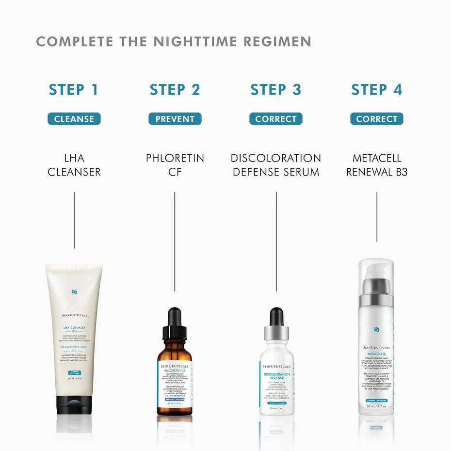 Complete nighttime regimen featuring SkinCeuticals Discoloration Defense serum and other essential products.