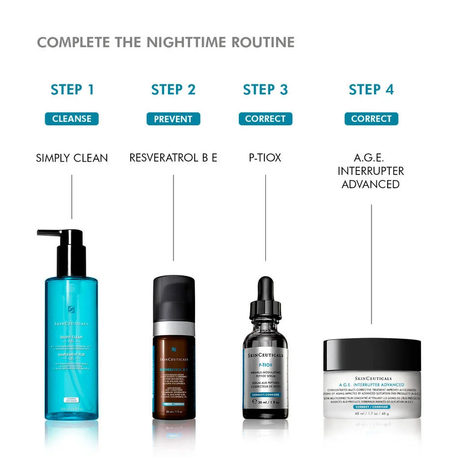 Image showing SkinCeuticals P-TIOX as part of a nighttime skincare routine, highlighting steps to cleanse, prevent, and correct.