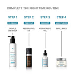 Complete nighttime skincare routine featuring SkinCeuticals Emollience as the final moisturizing step.