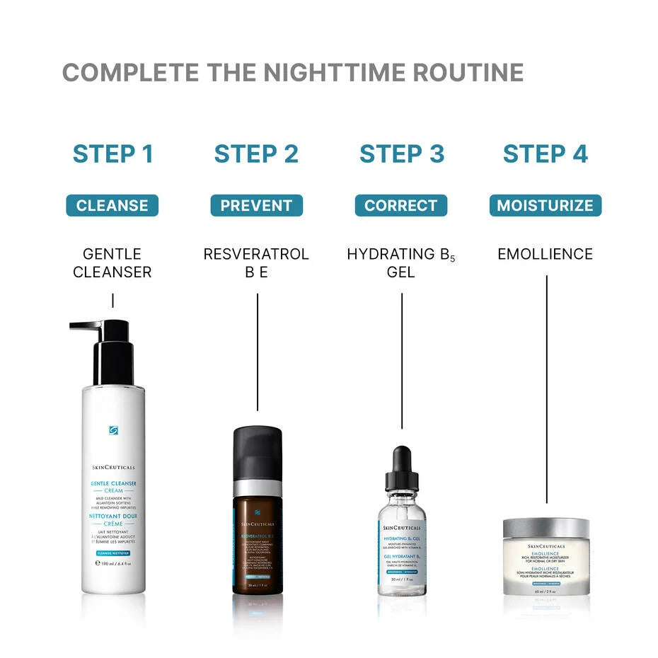 Complete nighttime skincare routine featuring SkinCeuticals Emollience as the final moisturizing step.
