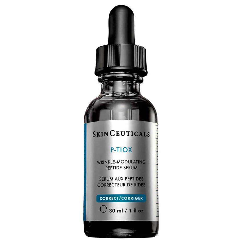 SkinCeuticals P-TIOX peptide serum bottle label visible targets expression lines and dynamic wrinkles