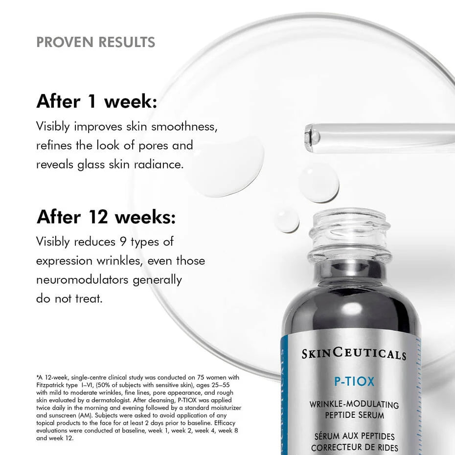 SkinCeuticals P-TIOX proven results after 1 and 12 weeks showing improved skin smoothness and reduced wrinkles.