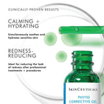 SkinCeuticals Phyto Corrective Gel in a bottle with gel drops, emphasizing calming and redness-reducing benefits.